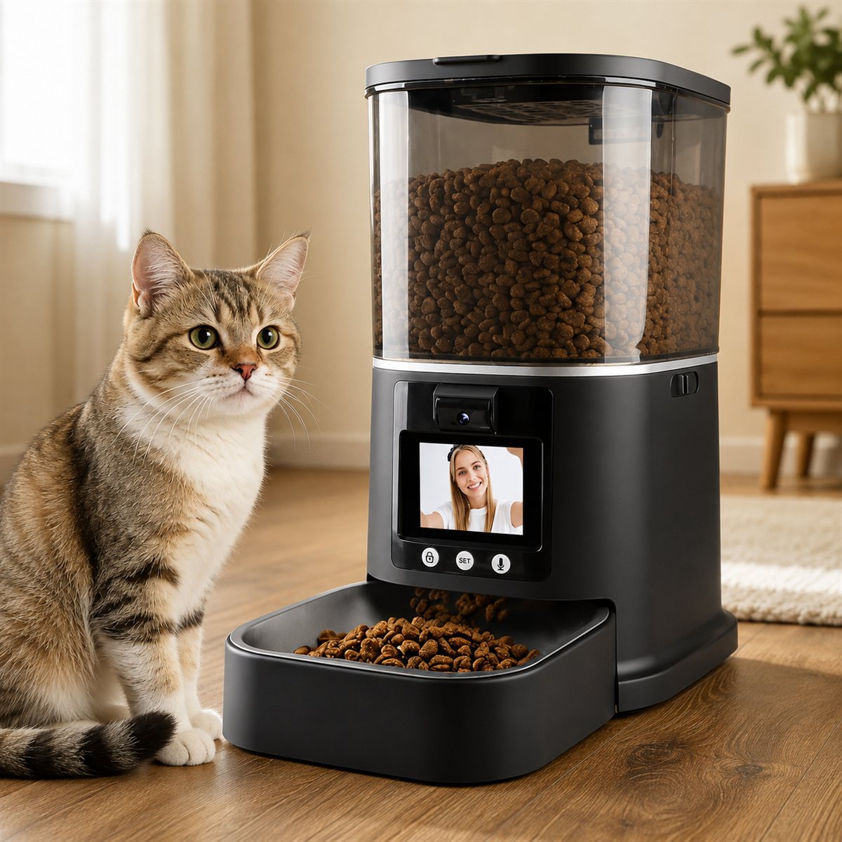 Comedero automático con cámara para mascotas, visto de frente sobre fondo claro.